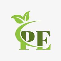 pe letter logo with swoosh leaves icon vector. vector