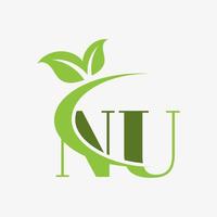 logotipo de letra nu con vector de icono de hojas swoosh.