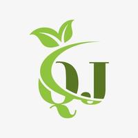 qj letter logo with swoosh leaves icon vector. vector