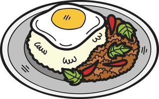 arroz frito con albahaca dibujado a mano con huevo frito o ilustración de comida tailandesa vector
