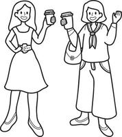 mujer dibujada a mano sosteniendo café de pie y hablando ilustración vector