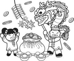 niño chino dibujado a mano dragón bailando con bolsa de dinero e ilustración de niña vector