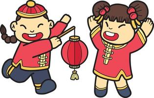 Hand Drawn Chinese boy with lantern and Chinese girl illustration vector