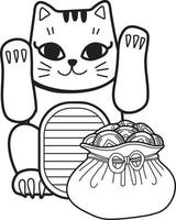 gato afortunado dibujado a mano con ilustración de dinero vector