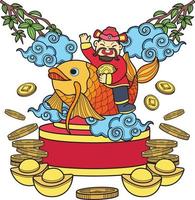 dibujado a mano dios de la riqueza china y koi ilustración vector