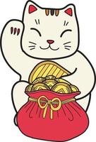 Hand Drawn lucky cat with money illustration vector