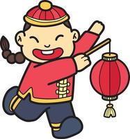 Hand Drawn chinese boy with lantern illustration vector