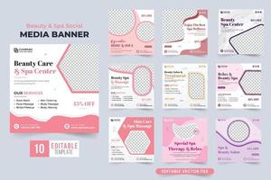 Beauty care center advertisement poster bundle with pink and dark colors. Skincare and spa business promotion template collection. Spa therapy and body massage social media post set vector. vector