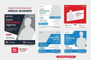 paquete de publicación de redes sociales de marketing digital con colores oscuros y azules. colección de plantillas de promoción de marca de empresa para marketing. diseño de conjunto de banner web de publicidad comercial con marcadores de posición de fotos. vector