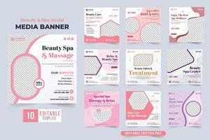 Beauty spa and relaxation center social media post collection with abstract shapes. Modern beauty parlor business template set for social media marketing. Spa massage discount web banner bundle. vector