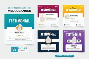 Minimal client review layout design bundle for websites and social media marketing. Customer feedback and testimony template collection with aqua and purple colors. Buyer review social media post set. vector