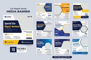 Vehicle repair and cleaning service promotional poster collection with photo placeholders. Car maintenance social media post bundle with yellow and blue colors. Automobile repair service template set. vector