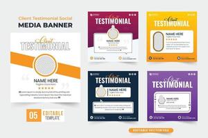 Client testimonial social media post vector collection with creative shapes. Customer feedback layout design bundle with yellow and purple colors. Corporate business rating and review template set.