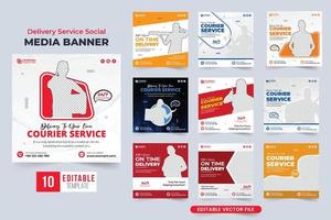 Express delivery service promotional web banner set design with red and yellow colors. Courier business advertisement poster collection for marketing. Home delivery service social media post bundle. vector