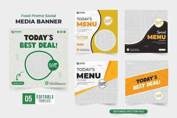 Food promo template collection with green and yellow colors. Special food menu promotional web banner bundle vector with abstract shapes. Modern restaurant social media post set vector.