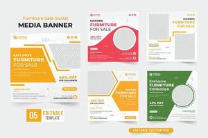 Exclusive furniture sale social media post bundle with creative shapes. Furniture business promotional poster collection for marketing. Furniture sale discount template set with photo placeholders. vector