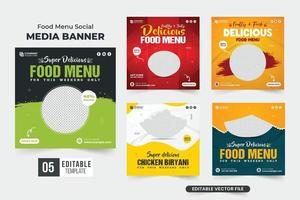 menú de alimentos saludables colección de plantillas de marketing en redes sociales con efecto de pincel abstracto. diseño de paquete de banner web promocional de negocios de alimentos con colores verde y amarillo. cartel de menú de comida conjunto vector. vector