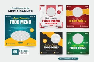 Delicious food menu poster template set with red and blue colors for restaurants. Online food order business promotion template collection with abstract shapes. Healthy food menu template bundle. vector