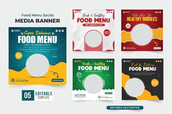 Food menu social media post collection with blue and red colors. Special food offering template set design with abstract shapes. Restaurant business promotional web banner bundle for marketing.