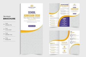 Modern school admission and daily activities promotional template with photo placeholders. Academic trifold brochure design with creative shapes and info sections. Education brochure layout vector. vector