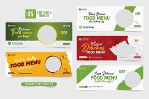 Delicious food menu promotional web banner collection for social media cover. Special food menu banner template bundle with abstract shapes and brush effects. Food promotional poster template set. vector