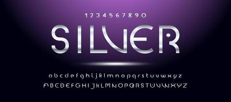 Silver style font, metallic alphabet letters and numbers. Vector. vector