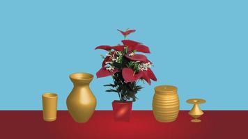 red flowers in vase red and blue background with gold color drinking vessel vector