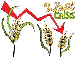 Set ears of wheat, barley with leaves. crisis and crop failure. Global food inflation and hunger. The problem of food insecurity in the world. Price growth for wheat seeds on the chart. vector