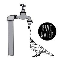 bird, raven stands under faulty water tap with valve, drop of falling water, bird drinks, washes. Conservation of water and resources. Save water. Ornithology. doodle vector