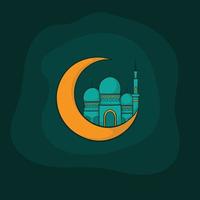 luna creciente con mezquita y fondo verde en diseño de dibujos animados para el diseño de plantilla de ramadan kareem vector