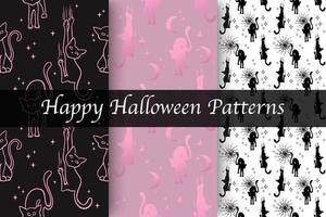 Trendy pattern. Happy Halloween. Bats, cats, pumpkins with web. Boo.. Freehand drawing. Modern continuous line vector illustrations. Candies or life