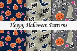 Trendy pattern. Happy Halloween. Bats, cats, pumpkins with web. Boo.. Freehand drawing. Modern continuous line vector illustrations. Candies or life