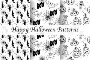 Trendy pattern. Happy Halloween. Bats, cats, pumpkins with web. Boo.. Freehand drawing. Modern continuous line vector illustrations. Candies or life