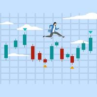 Investment trading concept, Successful trader making profit by growing stock market, Confident businesswoman investor with money bag walking on candlestick chart, investment trading. vector