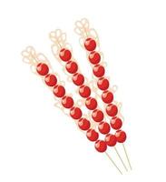 Candied haw. Skewers of candied hawthorn berries. Traditional winter snack. Chinese New Year. red symbolizes good luck. street snack, tanghulu, caramelized sugar. Chinese medicine. street vendors. vector