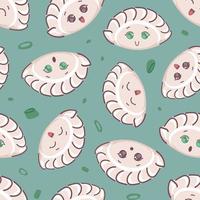 Jiaozi and greens. Seamless pattern Chinese New Year fried dumplings, shaped like ancient silver and gold ingots. Cute cartoon character. For menu cafe, wallpaper, fabric, wrapping, background. vector