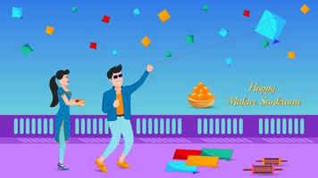 Happy Makar Sankranti banner created with kites, sweets, thread, boy and girl characters objects. vector