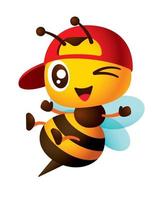 Cartoon cute bee wearing red snapback cap with open hands and legs jumping pose character illustration vector