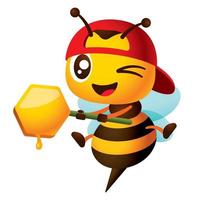 Cartoon cute winking eye bee wearing red snapback cap with hand holding honey comb shaped signage. Honey dripping from honey comb illustration vector