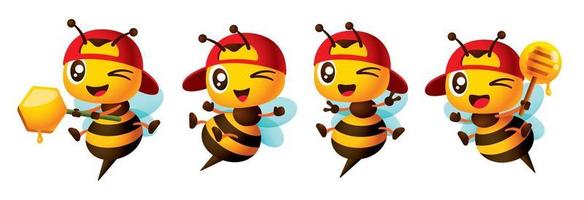 Cartoon cute red cap worker bee wink eyes collection set with different poses. Bee character holding honey dipper and honey comb signage, showing victory hand signs, open arms and legs vector mascot
