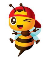 linda caricatura de abeja obrera con gorra de béisbol roja que muestra signos de paz o victoria. guiño de ojo de abeja con ilustración de mascota sonriente vector