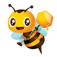 Cartoon cute winking eye bee with two hands holding honey comb shaped signage. Honey dripping from honey comb illustration vector