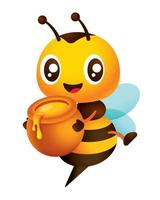 abeja linda que lleva una olla de miel con miel natural fresca que gotea de la ilustración de vector de personaje de dibujos animados de olla