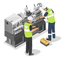 Inspector Engineering and technicians checking service maintenance on Heavy Duty Metal Lathe Machine metalworker industrial concept isometric isolated vector