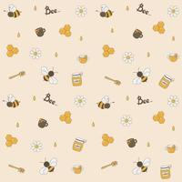 Vector seamless pattern with funny flying bees, daisies and drops of honey, honey spoon, jars and mugs with honey.