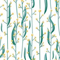 Vector seamless pattern, field grass stems with leaves and yellow flowers.