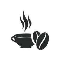 silueta de una taza de café con humo y granos de café. ideal para el diseño de logotipos para una cafetería o cafetería. diseño plano sencillo vector