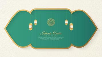 Islamic Arabic Green and White Background with Geometric pattern and Beautiful Ornament with Lanterns vector