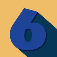 Numbers six, number 6 long shadow on orange background with blue color. vector