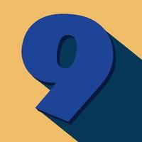 Numbers nine, number 9 long shadow on orange background with blue color. vector